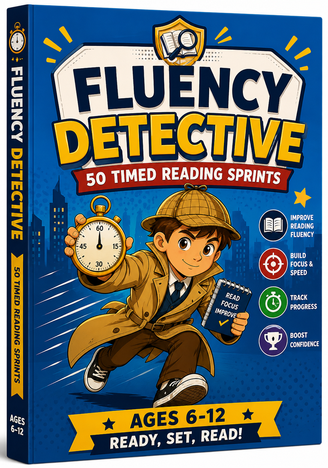 Fluency Detective: 50 sfide di lettura a tempo progettate per aiutare i bambini a leggere con maggiore fluidità, velocità e sicurezza, trasformando ogni sessione in una divertente missione da detective.